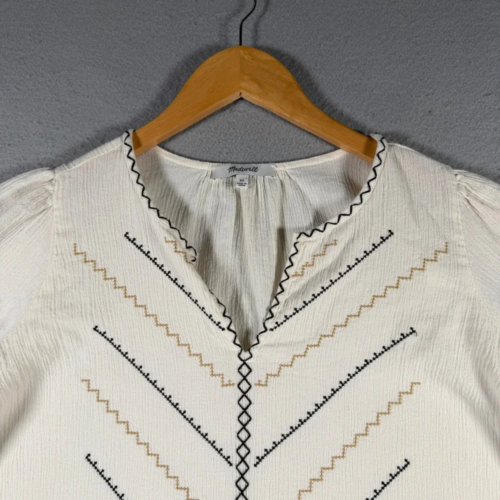 Madewell MD132 Cream Embroidered‎ Cotton Crinkle Gauze Peasant Blouse XS SP21